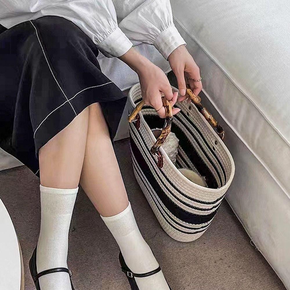 Tonfashion กระเป๋าถือ ผ้าฝ้ายถัก ลายทาง แฮนด์เมด