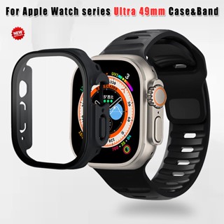 สําหรับ Apple Watch series Ultra 49 มม. กระจก + สายเคส สําหรับ iwatch PC เคสซิลิโคน โมโนโครม สายนาฬิกาข้อมืออัจฉริยะ + สาย