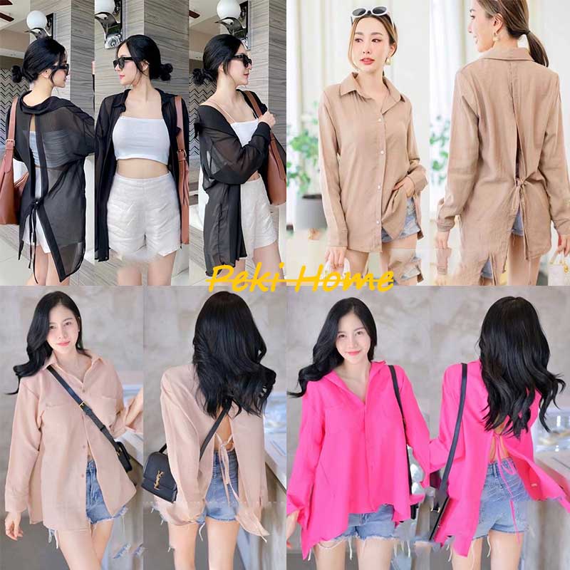 ใหม่พร้อมส่ง เสื้อเชิ้ตเเขนยาวเว้าหลัง เบาสบายสไตล์ลำลอง เสื้อชีฟองผ้าบาง เสื้อยืดผู้หญิง