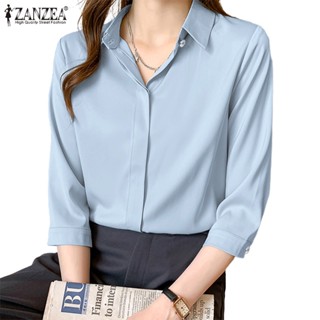 Zanzea เสื้อเชิ้ต คอปก แขน 3/4 สีพื้น สไตล์เกาหลี สําหรับผู้หญิง