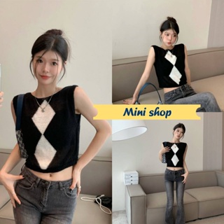 Mini shop🌸พร้อมส่ง🌸 (11527) เสื้อกล้ามแขนกุด ลายตางรางหมากรุกใหญ่ เบาบางใส่ง่ายซีทรูนิดๆ  -C