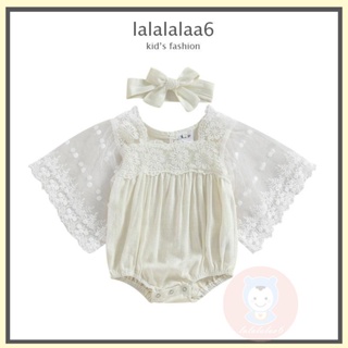 Laa6-0-24 เดือน ชุดรอมเปอร์ แขนพัตเตอร์ แต่งลูกไม้ สีพื้น พร้อมที่คาดผม แฟชั่นฤดูร้อน สําหรับเด็กผู้หญิง 2 ชิ้น