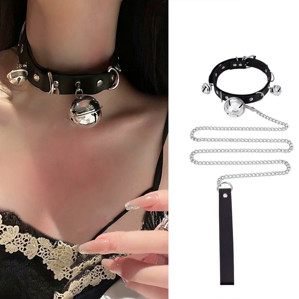 หนัง PU เซ็กซี่ กระดิ่ง ปกตะกั่ว โซ่ กระดิ่ง โช้คเกอร์ เครื่องแต่งกาย BDSM สร้อยคอ สายรัดคอ