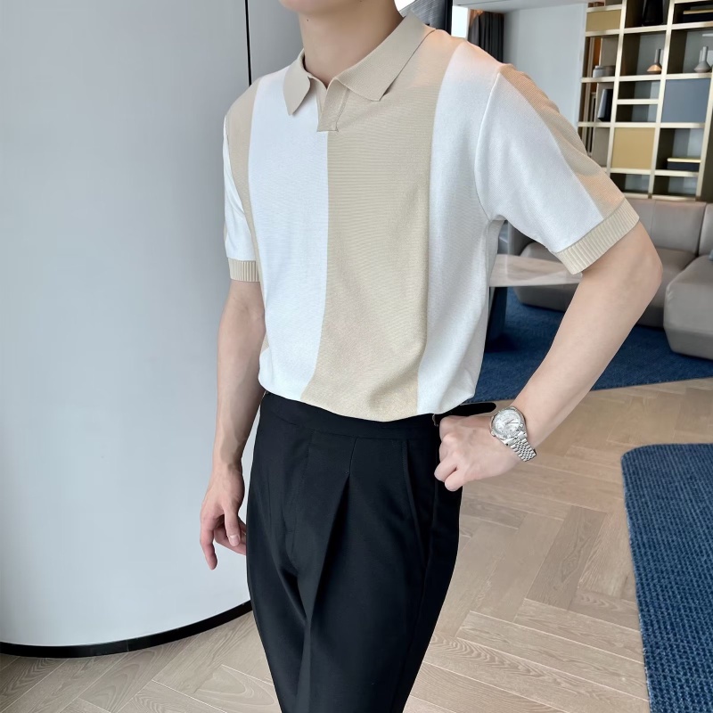 ครึ่งแขนเสื้อโปโลผู้ชายผ้าไหมน้ําแข็งถักปก Casual Stripes Contrast สี Breathable T-