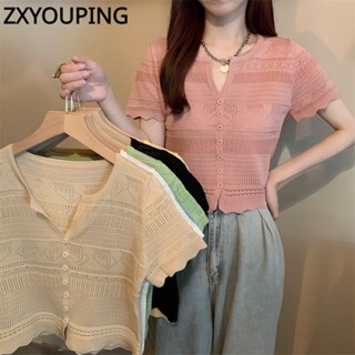 Zxyouping เสื้อยืด เสื้อคาร์ดิแกน คอวี แขนสั้น ผ้าเรยอนถัก แบบบาง สไตล์ฝรั่งเศส เหมาะกับฤดูร้อน สําหรับผู้หญิง