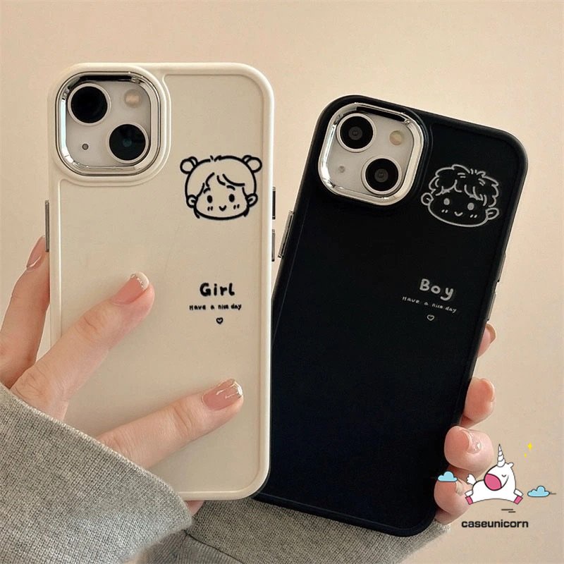 เคสโทรศัพท์มือถือคู่รัก แบบนุ่ม ลายการ์ตูนเด็กผู้หญิง ผู้ชาย กรอบโลหะ หรูหรา สําหรับ IPhone 11 13 15 14 12 Pro MAX 7 8 Plus X XR XS MAX 7plus 8plus