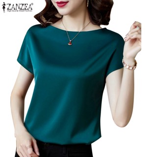 Zanzea เสื้อคอกลม แขนสั้น ผ้าซาติน สีพื้น แบบเรียบ แฟชั่นฤดูร้อน สไตล์เกาหลี สําหรับผู้หญิง