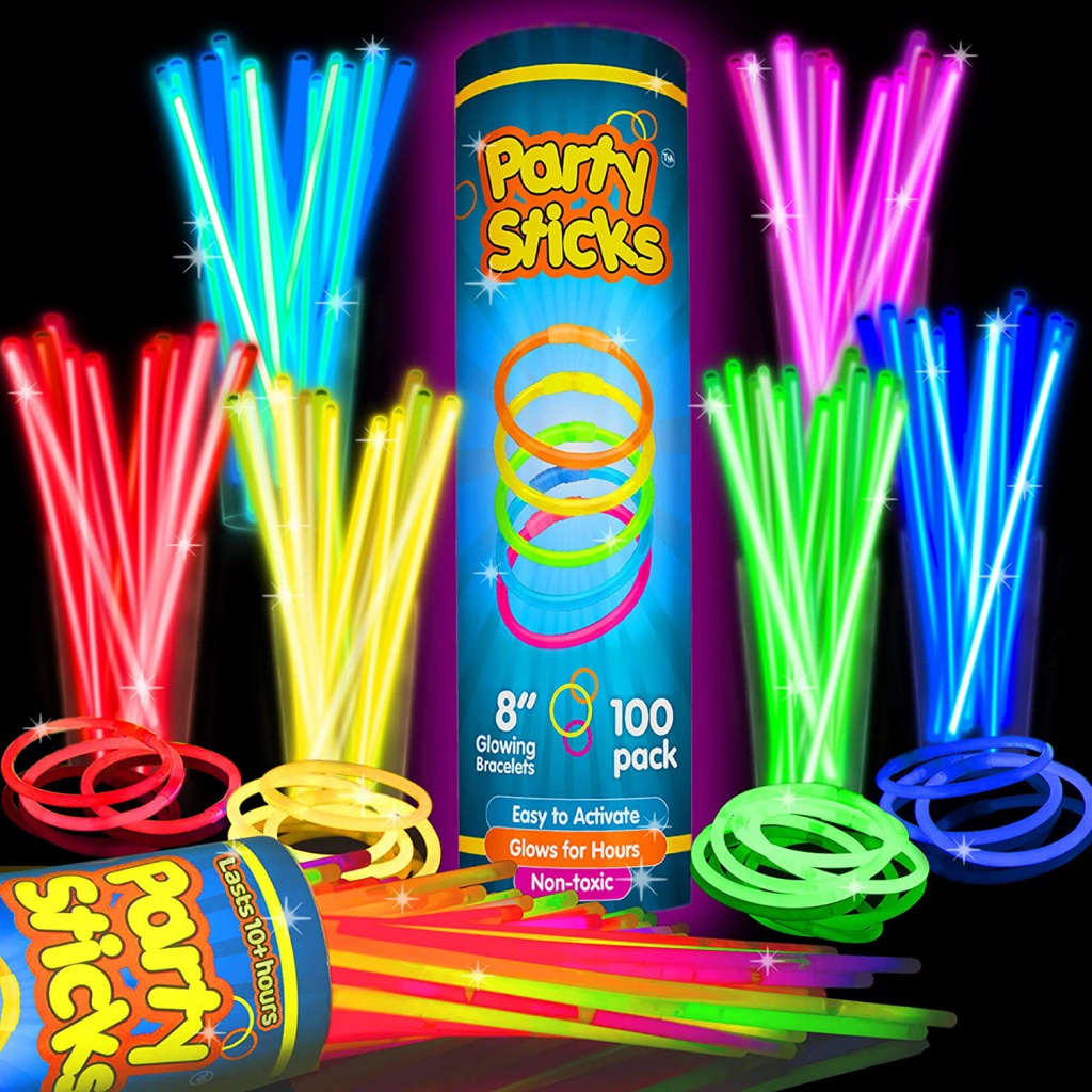 Partysticks แท่งเรืองแสงในที่มืด 100pk - 8 นิ้ว สําหรับตกแต่งปาร์ตี้ สร้อยคอนีออน และสร้อยข้อมือเรืองแสง