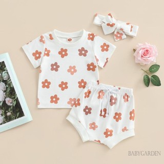 Babygarden-0-24 เดือน ชุดเสื้อแขนสั้น ลายดอกไม้ และกางเกงขาสั้น และที่คาดผม แฟชั่นฤดูร้อน สําหรับเด็กผู้หญิง 2 ชิ้น