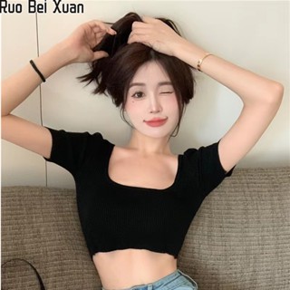 RUO BEI XUAN ใหม่ผู้หญิงหวานร้อนสาวสีส้มบางแขนสั้นเสื้อยืดสั้นสไตล์ความปรารถนาที่บริสุทธิ์