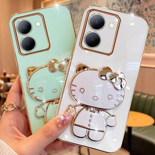 เคสโทรศัพท์มือถือนิ่ม ลาย KT น่ารัก พร้อมขาตั้งกระจก สําหรับ VIVO Y36 V27 Y02A X90 Pro iQOO Z7 Z7x 5G 4G 2023 VIVOY36 VIVOV27