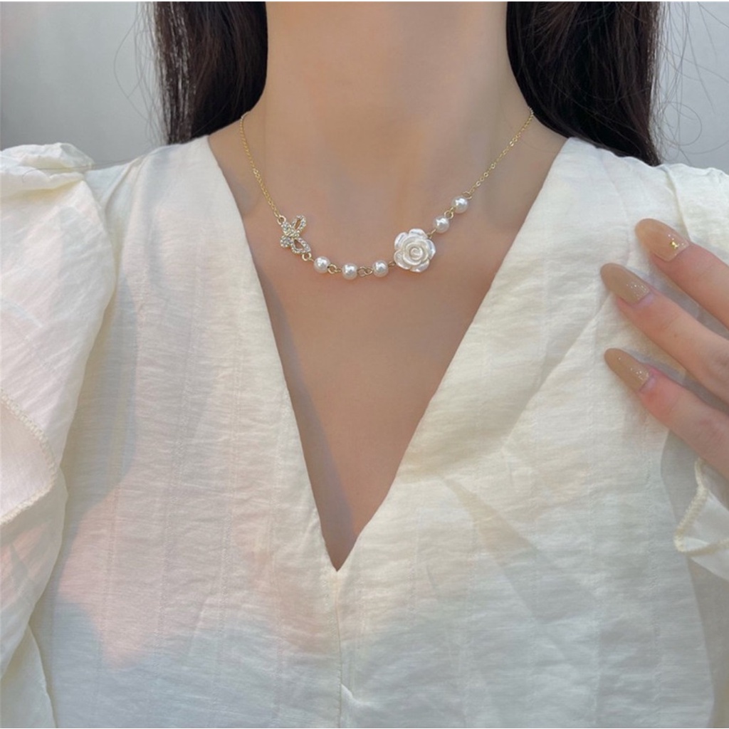 BBY สร้อยคอจี้ผู้หญิง N3767 WHITE ROSE สไตล์เกาหลีแฟชั่นผู้หญิงสร้อยคอมุกนําเข้าสาว