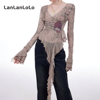 Lanlanlolo เสื้อแขนยาว คอวี พิมพ์ลาย แต่งระบาย ทรงไม่สมมาตร สําหรับผู้หญิง 2023