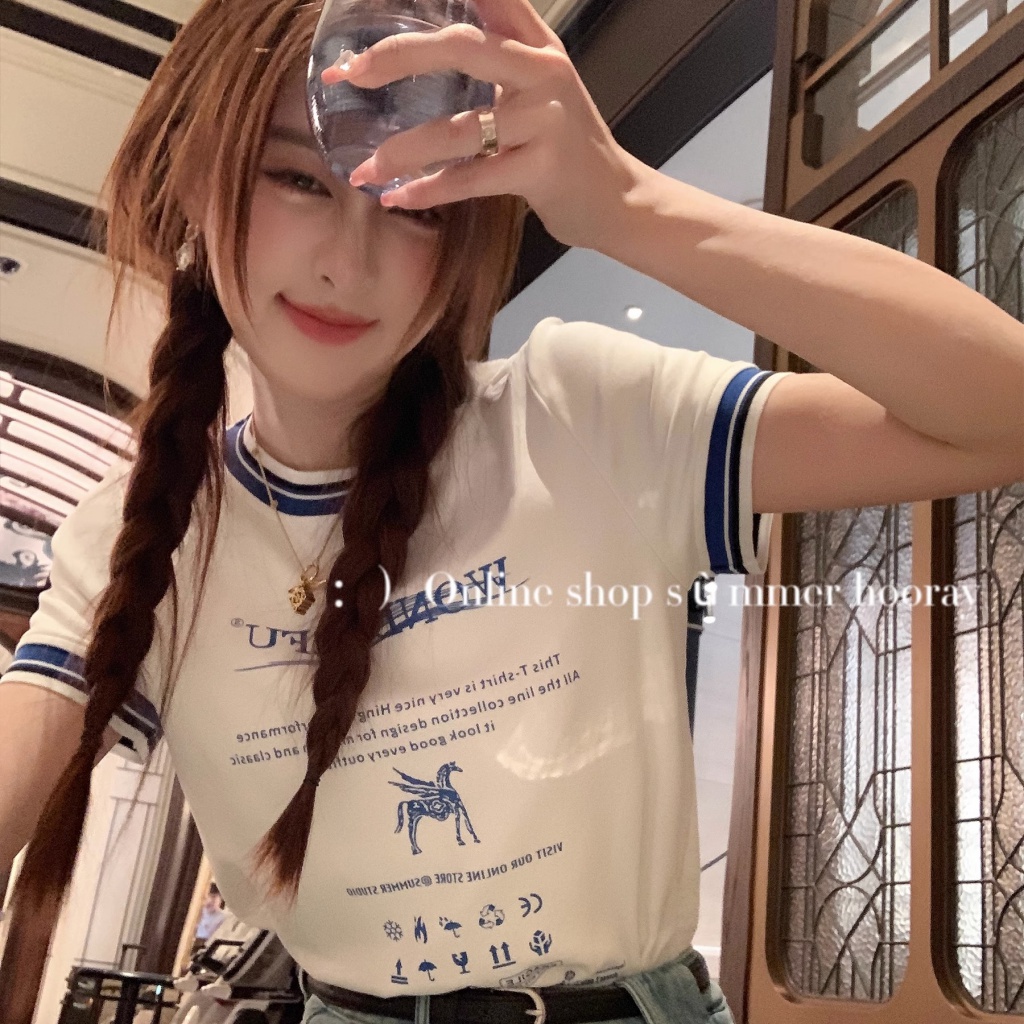 เสื้อยืดคอกลม แขนสั้น พิมพ์ลายตัวอักษร สีขาว สไตล์เกาหลี สําหรับผู้หญิง