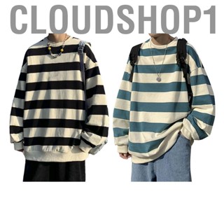 Cloudshop1 Men Long Sleeve Blouse Tops  Men Crewneck Stripe Sweatshirt Loose Spring Autumn Fashionable Casual  for Shopping for Travel for Date