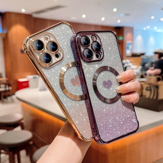 เคสโทรศัพท์มือถือ กันกระแทก แต่งกลิตเตอร์ ระยิบระยับ ลายหัวใจ หรูหรา พร้อมแม่เหล็ก สําหรับ iPhone 14 13 12 Pro Max iPhone 11