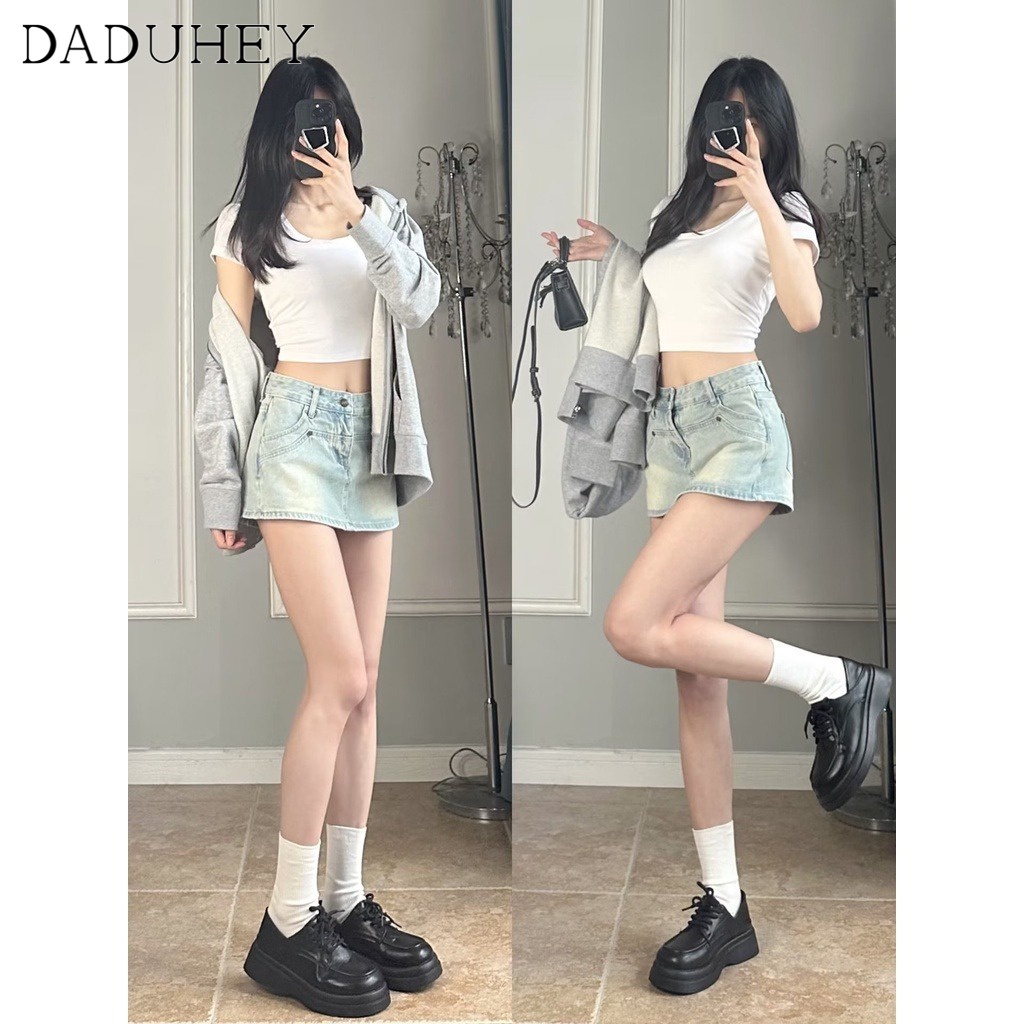 DaDuHey New American Style Ins Retro Washed Denim Skirt Niche High Waist A- line Skirt Large Size Bag Hip Skirt