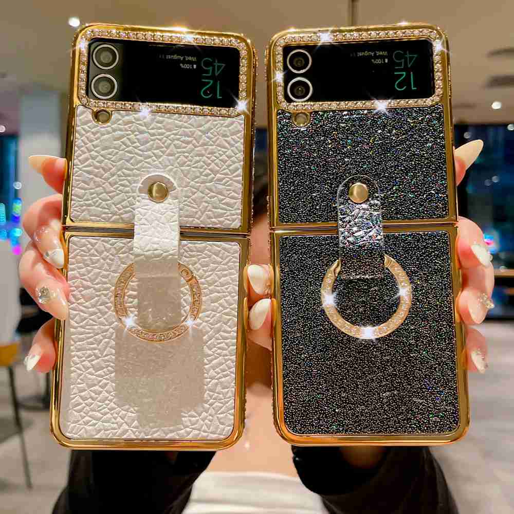 เคสโทรศัพท์มือถือ ป้องกัน ลายเพชร พร้อมที่ตั้งวางนิ้ว สําหรับ Samsung Galaxy Z Flip 3 4