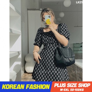 Plus size เสื้อผ้าสาวอวบ❤ เดรสสาวอวบอ้วน ไซส์ใหญ่ ผู้หญิง เดรสคอเหลี่ยม ลายสก็อต ทรงหลวม แขนสั้น ฤดูร้อน สไตล์เกาหลีแฟชั่น