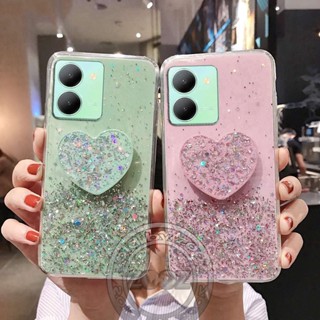 vivo Y35 Y36 Y52 Y72 Y76 Y76s Y77 5G Bling Glitter Silicone Case Luxury Sequins Powder Soft TPU Cover Crystal Protective Flexible Shine Phone Casing with Heart POP Socket Stand