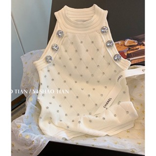 Small Chanel Style Rhinestone Rhombic Neck Knitted Vest Womens Summer 2023 New High-end Sense Slim-fit Slimming Outer Wear Top