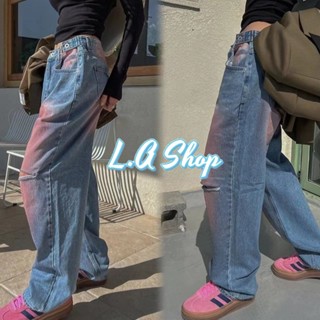 L.A Shop พร้อมส่ง กางเกงยีนส์ เอวสูงขายาว กระดุมปรับเอวได้ สียีนส์น้ำเงินม่วง ทรงกระบอกตรง  "7516" -NZ