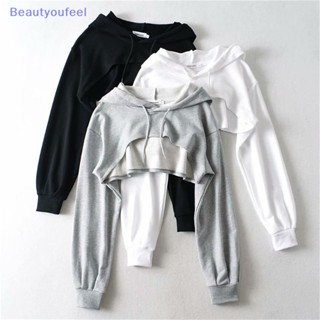 [Beautyoufeel] เสื้อกันหนาวแขนยาว มีฮู้ด ทรงหลวม แบบสวมหัว โชว์สะดือ สีพื้น แฟชั่นสําหรับผู้หญิง