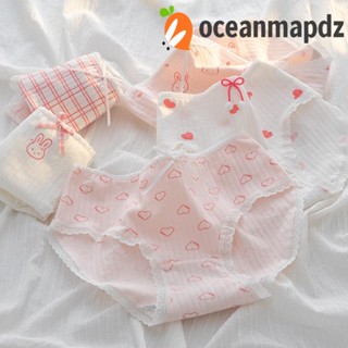 OCEANMAPDZ กางเกงชั้นใน ผ้าฝ้าย เอวกลาง ระบายอากาศได้ดี พิมพ์ลายกระต่ายน่ารัก สไตล์เกาหลี เรโทร สําหรับผู้หญิง