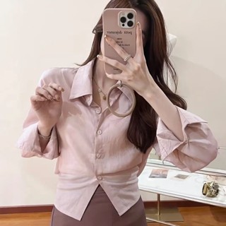เสื้อเชิ้ต แบบผูกเชือก สีชมพู แฟชั่นสไตล์ฝรั่งเศส