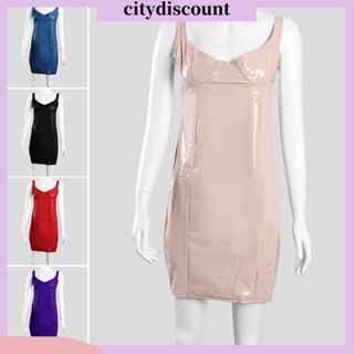 &lt;citydiscount&gt; ชุดมินิเดรส บอดี้คอน แขนกุด หนังเทียม มีซิป สีพื้น สําหรับผู้หญิง ไนท์คลับ ปาร์ตี้