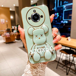 ใหม่ เคสโทรศัพท์มือถือ ขอบตรง ลายหมีน่ารัก พร้อมขาตั้ง สําหรับ Realme 11 Pro+ Plus 10 Pro 5G C53 C55 NFC 4G 2023 REALMEC53