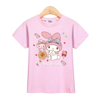 ใหม่ เสื้อยืดลําลอง แขนสั้น ผ้าฝ้าย ลายการ์ตูน My Melody น่ารัก สําหรับเด็กผู้หญิง อายุ 3-14 ปี