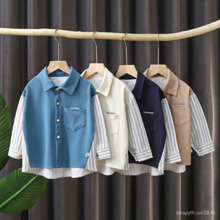 เสื้อเชิ้ต แขนยาว ลายตรง สำหรับเด็ก ชายเสื้อแขนยาวฤดูใบไม้ผลิเด็ก แจ็คเก็ต Splice สองชิ้นปลอม --SL402241