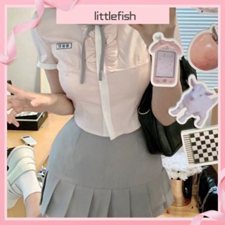 [littlefish] เสื้อเชิ้ต พร้อมกระโปรงพลีท หรูหรา สไตล์เกาหลี เหมาะกับฤดูร้อน สีชมพู สีเทา สําหรับผู้หญิง