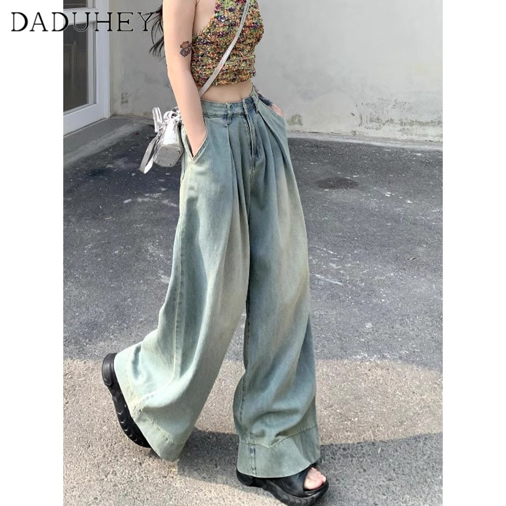 DaDuHey Women's Retro Loose Jeans Summer American Style High Street Wide Leg High Waist Casual Drooping Mop Pants