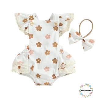 Babyclothes- ชุดรอมเปอร์ พิมพ์ลายดอกไม้ แขนบิน ลูกไม้ เย็บปะติดปะต่อกัน พร้อมโบว์ ที่คาดผม สําหรับเด็กผู้หญิง