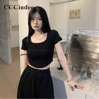 Cccindee ใหม่ เสื้อยืดครอป แขนสั้น คอสี่เหลี่ยม สีพื้น แฟชั่นสําหรับสตรี 2023