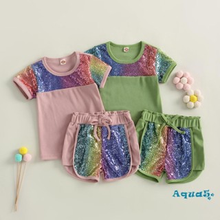 Aqq- เสื้อยืดแขนสั้น ประดับเลื่อม กลิตเตอร์ และกางเกงขาสั้น 2 ชิ้น สําหรับเด็กวัยหัดเดิน