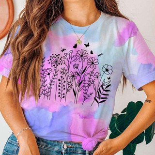 เสื้อยืดลําลอง แขนสั้น คอกลม พิมพ์ลายดอกไม้ สีมัดย้อม แฟชั่นฤดูร้อน สําหรับสตรี