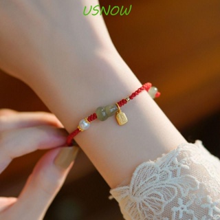 Usnow สร้อยข้อมือโซ่ จี้หยกนําโชค สไตล์เรโทร สําหรับผู้หญิง