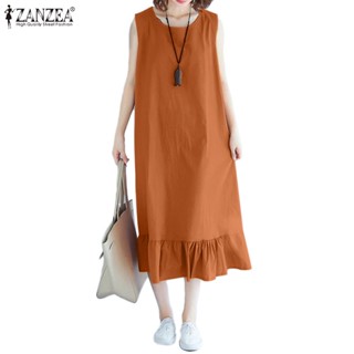 Zanzea ชุดเดรส คอกลม แขนกุด สีพื้น สไตล์เกาหลี สําหรับผู้หญิง
