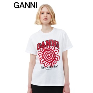 [สินค้าใหม่] Ganni เสื้อยืดคอกลม แขนสั้น พิมพ์ลายดอกไม้ สีแดง ทรงหลวม สําหรับผู้หญิง3688151