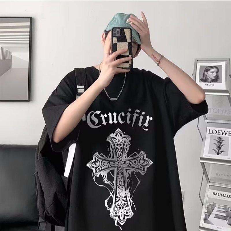 เสื้อยืดลําลอง แขนสั้น คอกลม พิมพ์ลายไม้กางเขน โอเวอร์ไซซ์ สไตล์เรโทร แฟชั่นฤดูร้อน สําหรับผู้ชาย ไซซ์ M - 8XL
