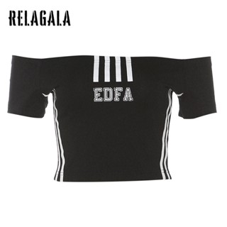 Relagala เสื้อยืดลําลอง แขนสั้น เปิดไหล่ พิมพ์ลายตัวอักษร เรียบง่าย แฟชั่นใหม่ สําหรับสตรี 2023