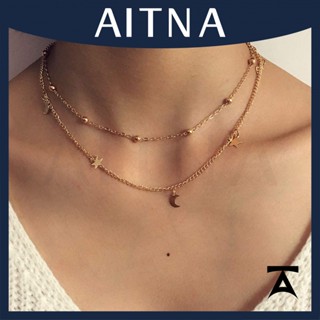 Aitna สร้อยคอโชคเกอร์ โซ่ทอง สองชั้น จี้ดวงจันทร์ ดาว ดาวเทียม 2 ชั้น สําหรับผู้หญิง และเด็กผู้หญิง