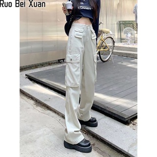 Ruo Bei Xuan ผู้หญิงออกแบบเฉพาะใหม่หลายกระเป๋าเครื่องมือผ้ายีนส์หลวมเอวสูงตรงขากว้างกางเกงสาวร้อนถนน