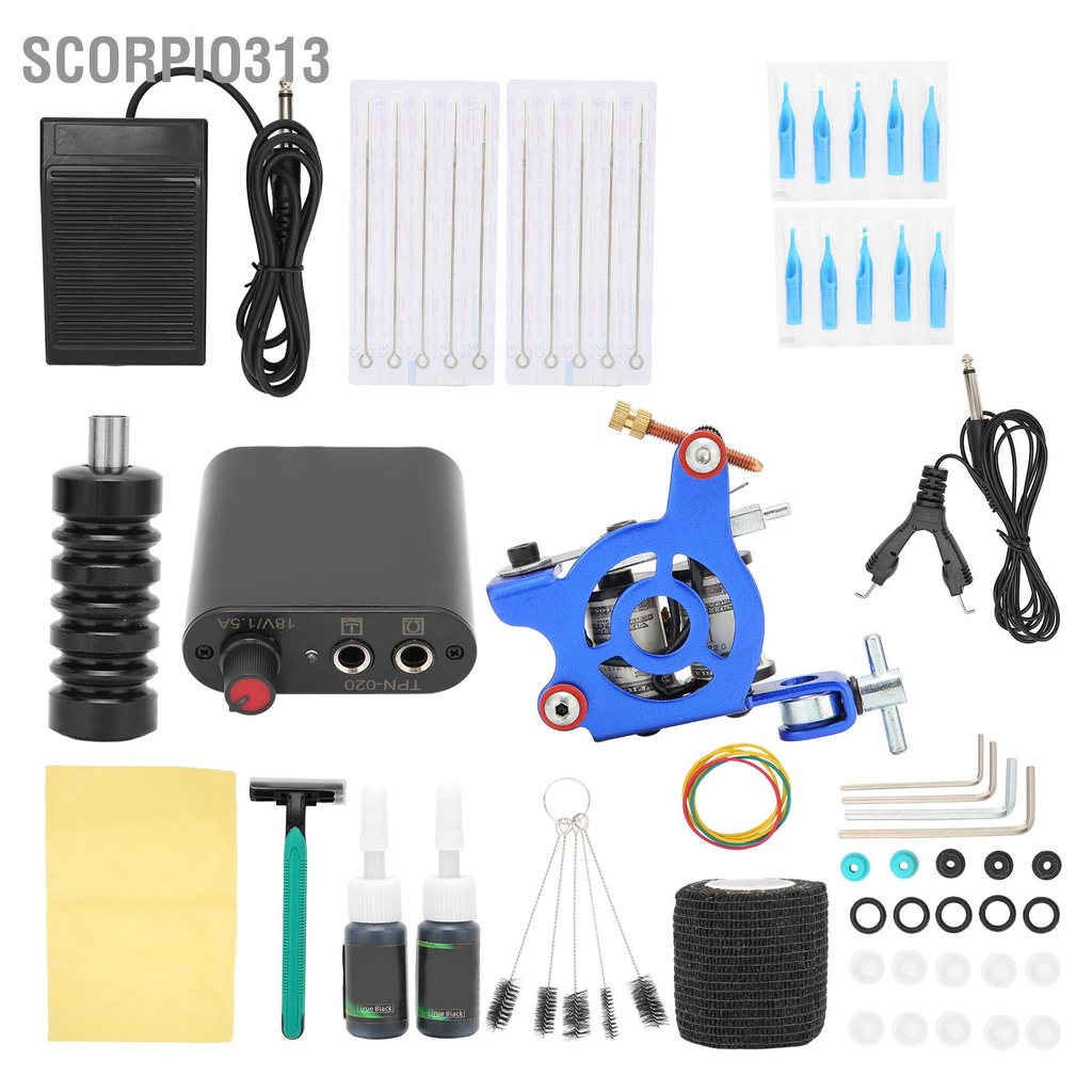 Scorpio313 10 Wraps Tattoo Coil Machine Kit Black Mini Power Supply ชุดเครื่องสักครบชุดสำหรับผู้เริ่มต้น 90-265V