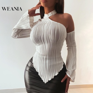 Weania เสื้อยืดลําลอง แขนยาว เปิดไหล่ สําหรับผู้หญิง