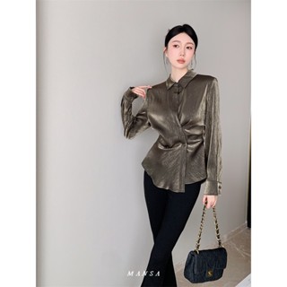 MANSA black solid shirt เสื้อเชิ้ตสีพื้น เสื้อผ้าแฟชั่นผู้หญิง