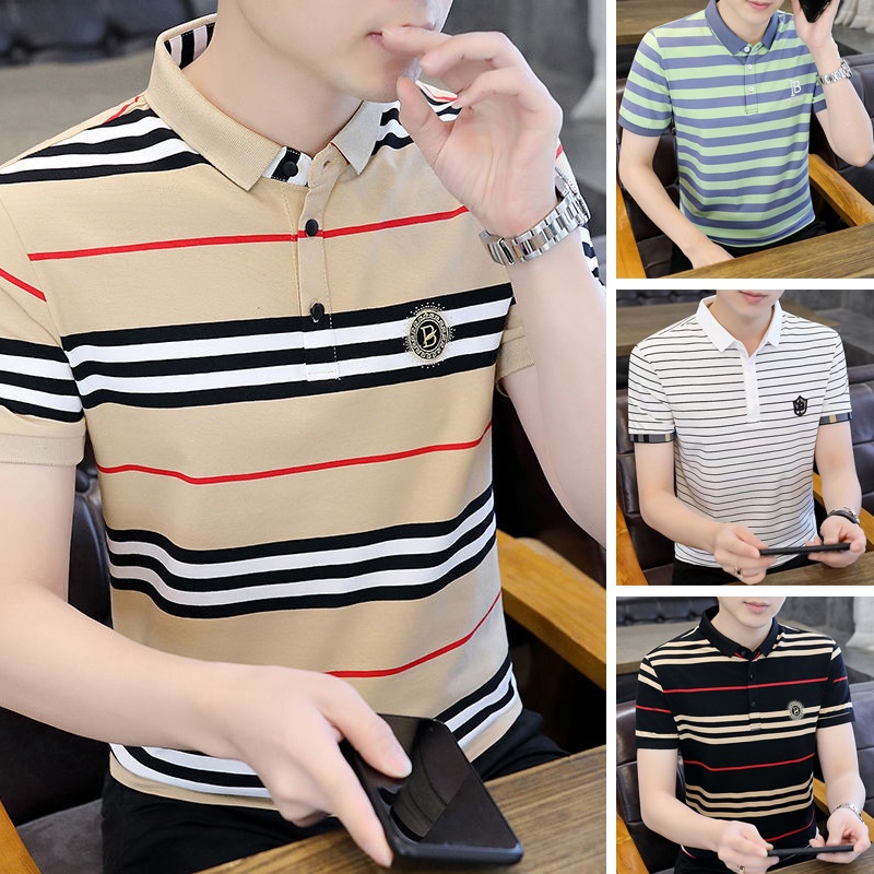 เสื้อโปโล แขนสั้น คอปก ลายทาง พลัสไซซ์ สีดํา สไตล์เกาหลี สําหรับผู้ชาย  SLC128